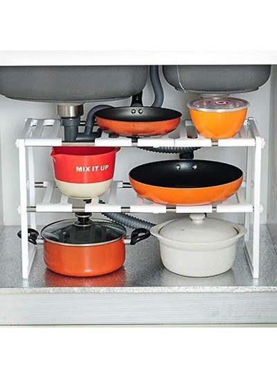 Under Sink Storage Organizer Rack - 2-Tier Stainless Steel Adjustable Expandable Tawa Holder with Detachable Shelf & Rust Proof Steel Pipe for Kitchen -(50 cm to 70 cm Height Adjustable Size)