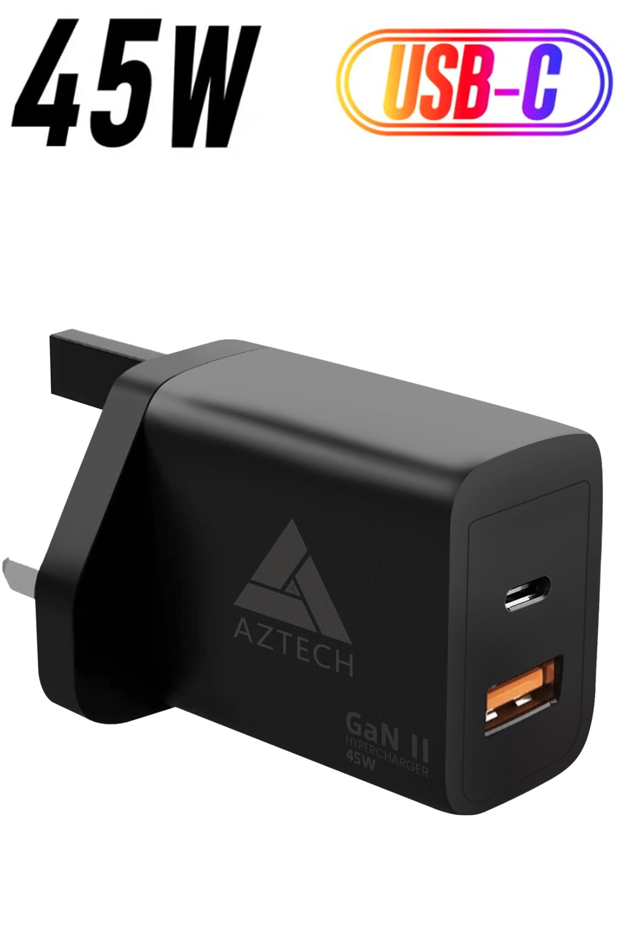 AZTECH HyperCharger 45W GaN II Dual Port Wall Charger USB-C & USB-A Fast Charging Adapter for iPhone 16 Pro Max/15/14/13, Galaxy S25 Ultra/S24/S23/S22, MacBook Air, iPad, Laptops
