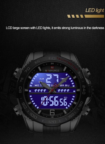 NAVIFORCE ساعات رجالية فاخرة موضة تناظرية من الفولاذ المقاوم للصدأ تقويم LCD شاشة ديجيتال مقاوم للماء كوارتز ساعة اليد NF9195