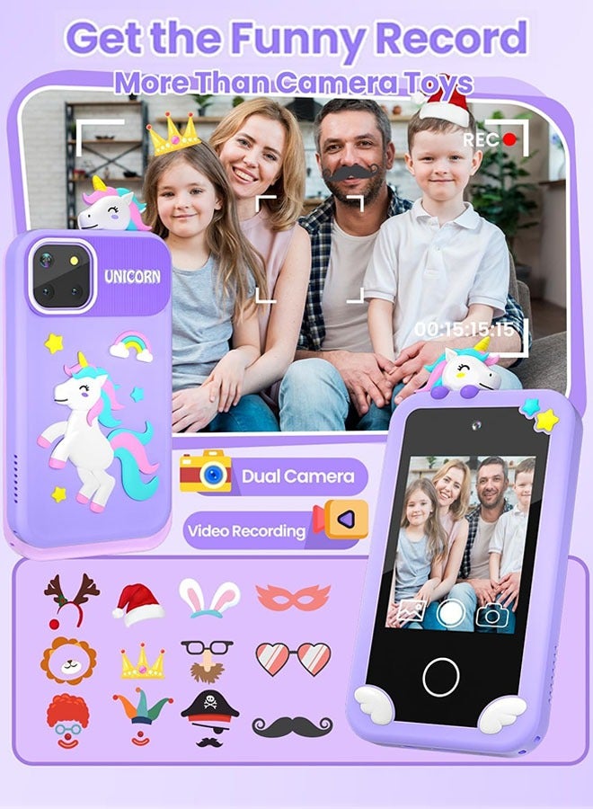 Kids Smart Phone with 3D Holographic Pyramid, 2.8inch Touchscreen Learning Toy with Dual Cameras and Music Player, Perfect Christmas, eid and Birthday Gift for Ages 3-10, Purple