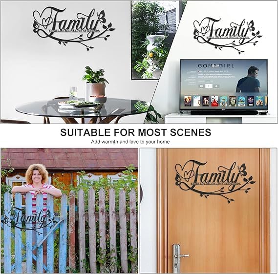 Mirfa Wooden Wall Art With Self Adhesive Base Home Decor, Wood Art Metal Looks Finish Decoration, Living Room Bedroom, Welcome Door New year (Black, 12" x 12", Family)