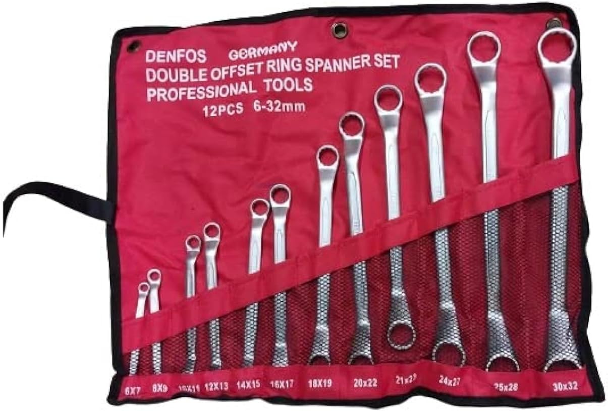 Denfos 12 Piece Double Offset Ring End Spanner Set - Metric Sizes 6-32mm - High Strength Cr-V Sand Blown Steel Wrench with Roll Bag
