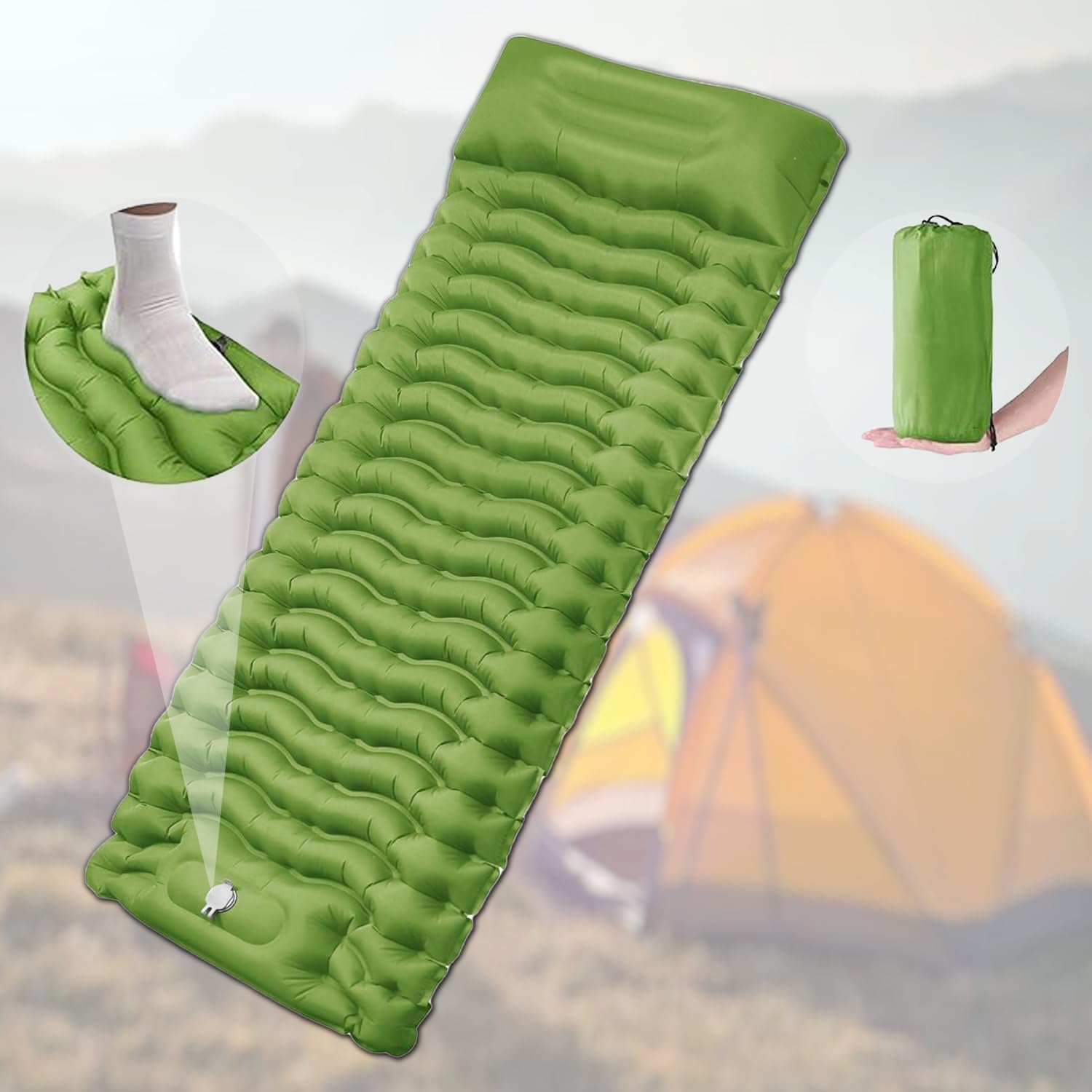 HEXAR Self Inflating Sleeping Pad with Foot Pump 190X64 Built-in Pump Foldable Sleeping Mat with Pillow for Camping Hiking Durable Inflatable Air Mattress - Carry Bag, Repair Patches (Military Green)