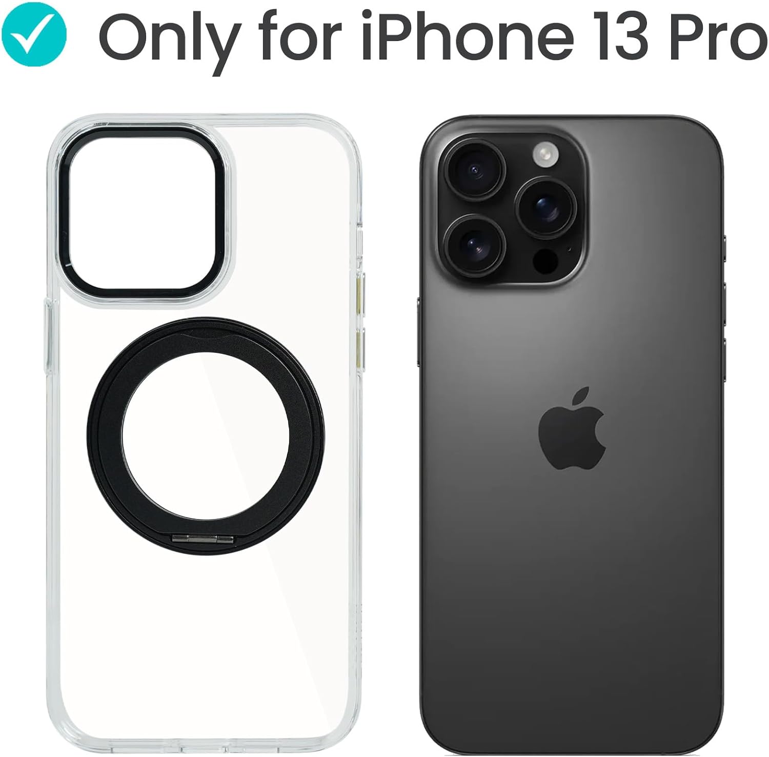 AZTECH SuperSnap 360°Rotatable Silver Ring Magnetic Ring for iPhone 13 Pro Case, Fit for MagSafe with Kick Stand & Ring Holder 16FT Military Grade Shockproof Translucent Back for iPhone 13 Pro, Color: Black+Clear