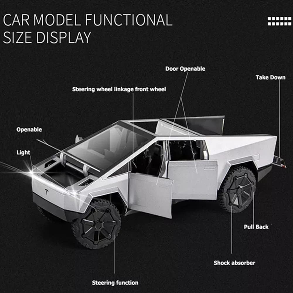 1:24 Scale Cybertruck Model Toy Pull Back Pick-Up Truck with Sound and Light, Alloy Diecast Truck Toys for Kids Gift or Tesla Vehicles Model Collection Enthusiasts (Silver)