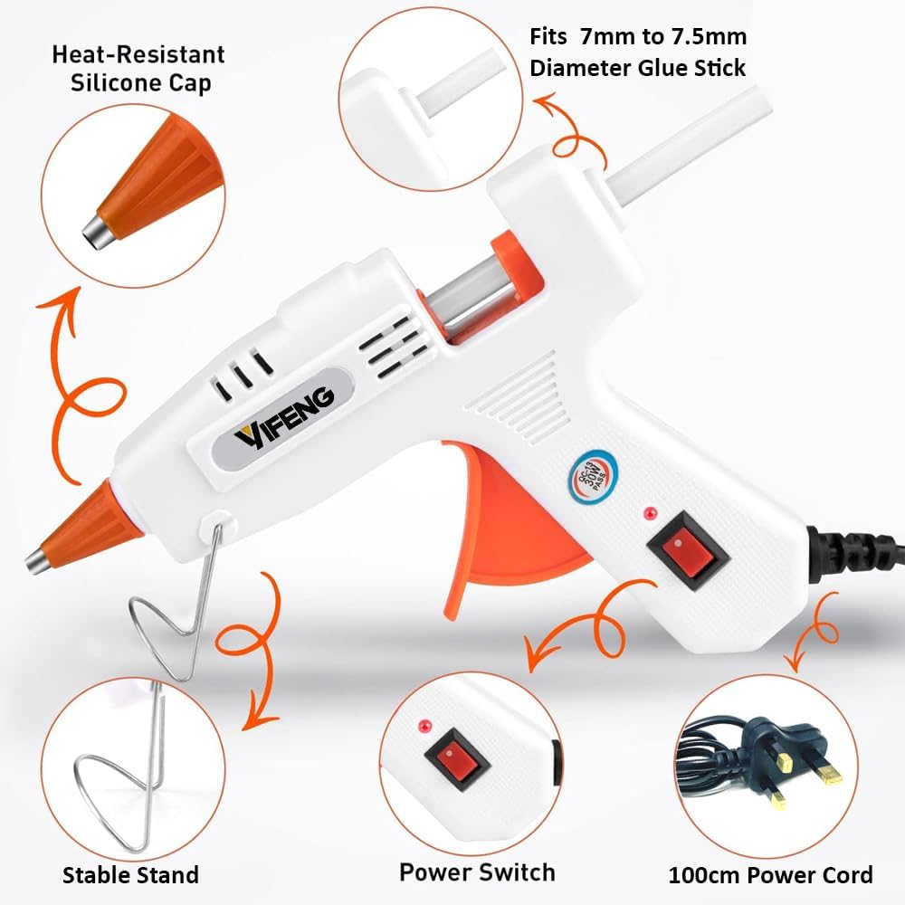YIFENG by HEXAR® Hot Glue Gun, Mini Glue Gun with 3pin Cord, 30W Glue Gun for Glue Sticks 7-7.5 mm diameter, Glue Gun for DIY Arts, Crafts and Quick Repairs