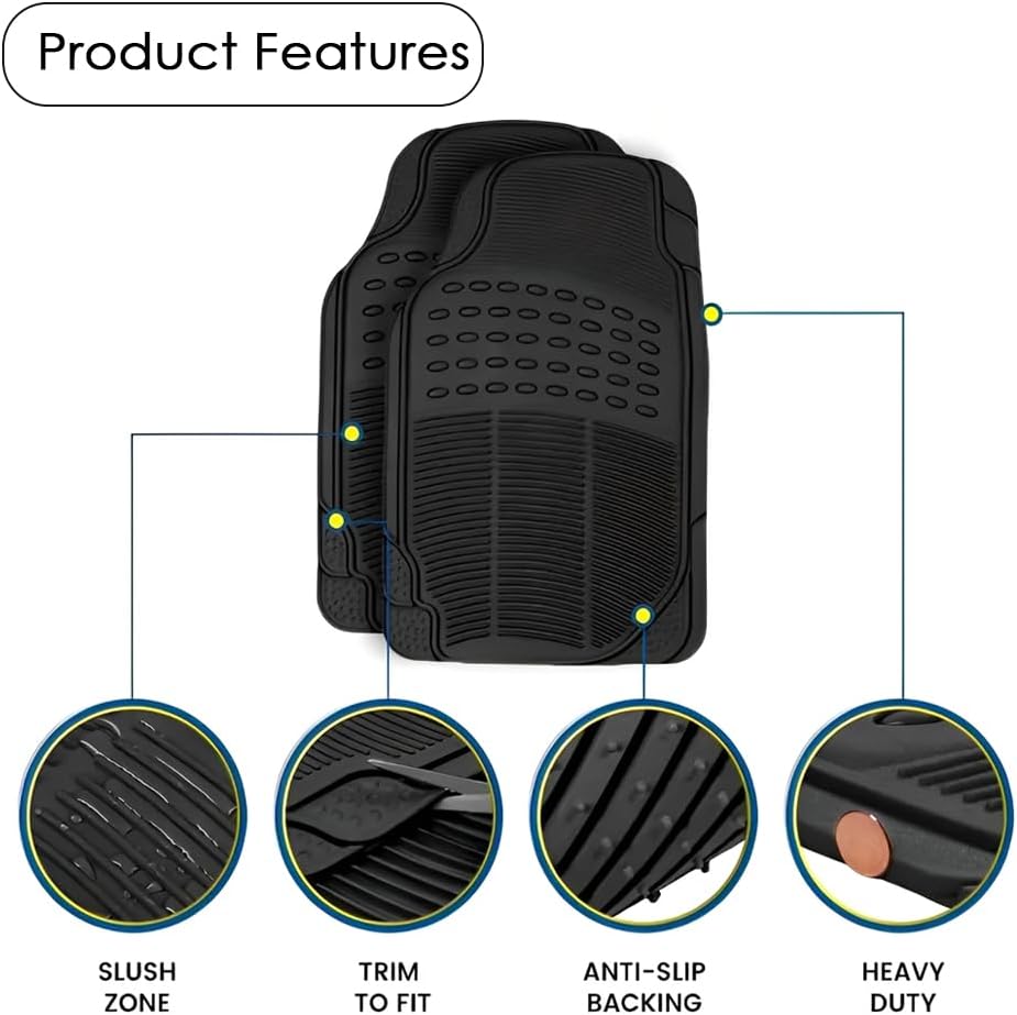 HEXAR Car Floor Mats, 3 Piece Automotive Floor Mat Set, Heavy Duty Rubber, Universal Fit Full Set, Weatherproof, Trimmable For Most Cars, Sedan, SUV, Trucks