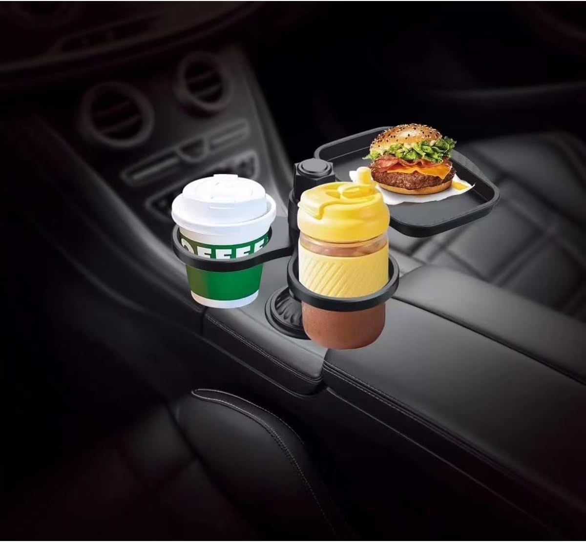 Car Cup Holder Expander with Detachable Food Tray, 360° Rotating Table, Adjustable Base & Phone Holder Slot – Travel Road Trip Essentials, Car Organizer with 3 Cup Holders for Traveling