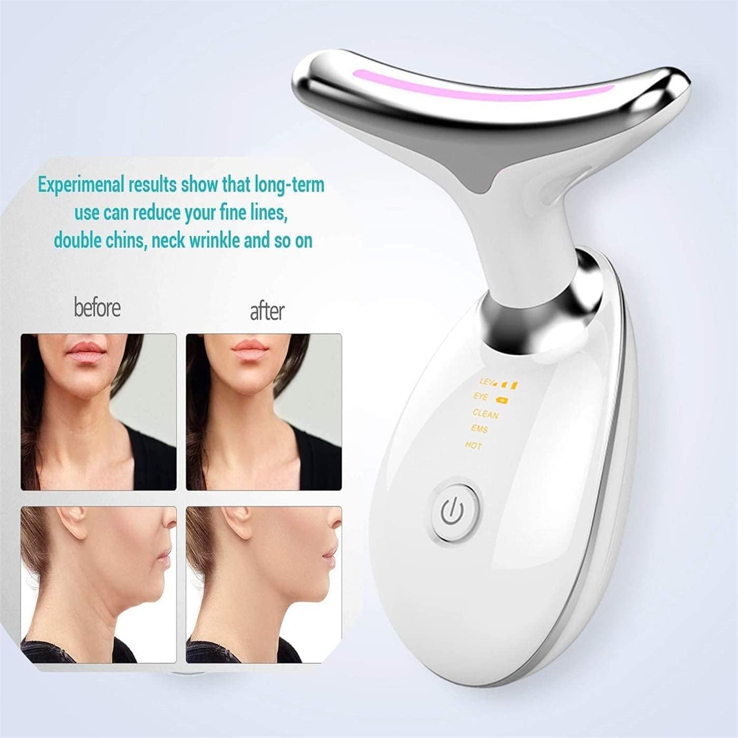Micro-Glow Portable Handset,Neck Face Firming Wrinkle Removal Tool,Double Chin Reducer Vibration Massager with 3 Color Modes Lifts and Tightens Sagging Skin for a Radiant Appearance (White)