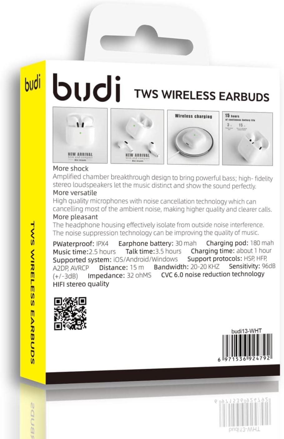 Budi Earbuds TWS/Wireless Charger BT | 15 Hours | 5.0 Bluetooth | High-Fidelity Stereo Loudspeakers | Noise Cancelling | Compatible with Galaxy S2,S21+,S21, Note 20,10, etc. - White