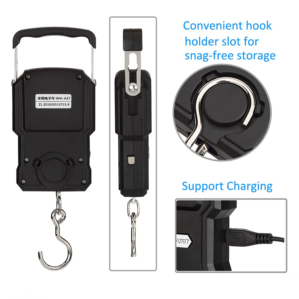 YAGSUW YYGJ, Rechargeable Lugagge Scale Portable Electronic Hook Scale Digital Hanging Bag Luggage Weight Scale Fishing Scale with Measuring Tape 165Lb Black