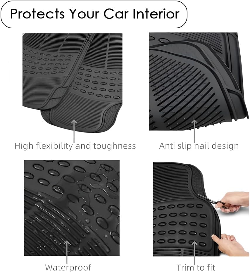 HEXAR Car Floor Mats, 3 Piece Automotive Floor Mat Set, Heavy Duty Rubber, Universal Fit Full Set, Weatherproof, Trimmable For Most Cars, Sedan, SUV, Trucks