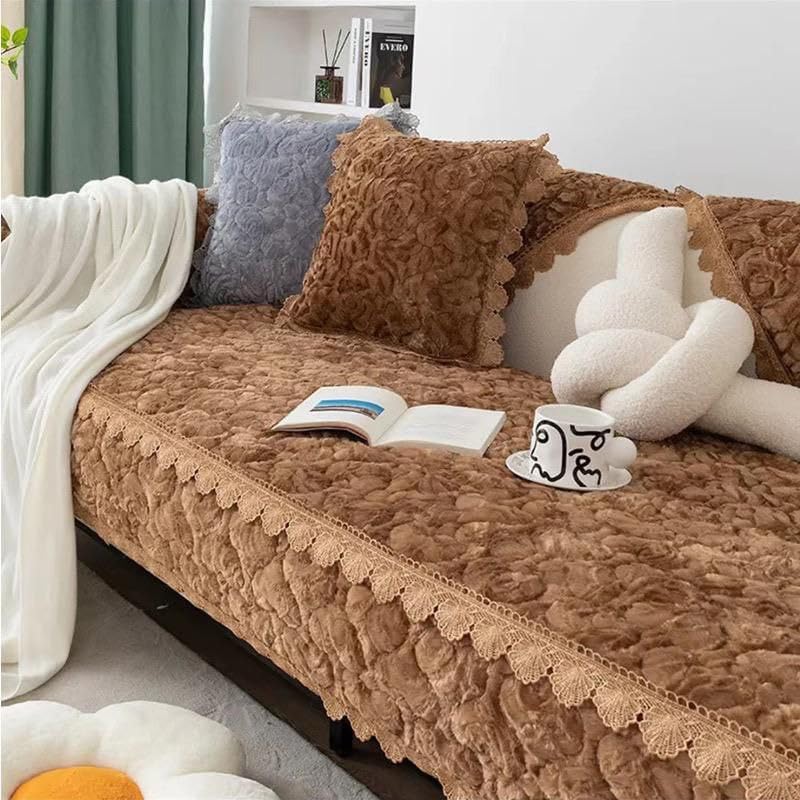 غطاء أريكة مريح وناعم من الدانتيل عالي الجودة، بني، 210×90 سم