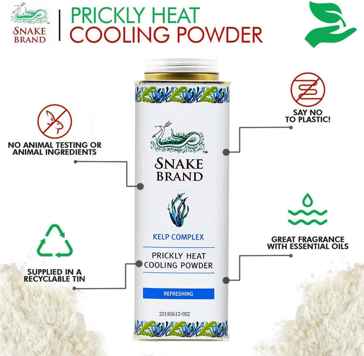 Snake Brand Prickly Heat Cooling Talcum Powder | For Heat & Rash Treatment (280g, Refreshing)