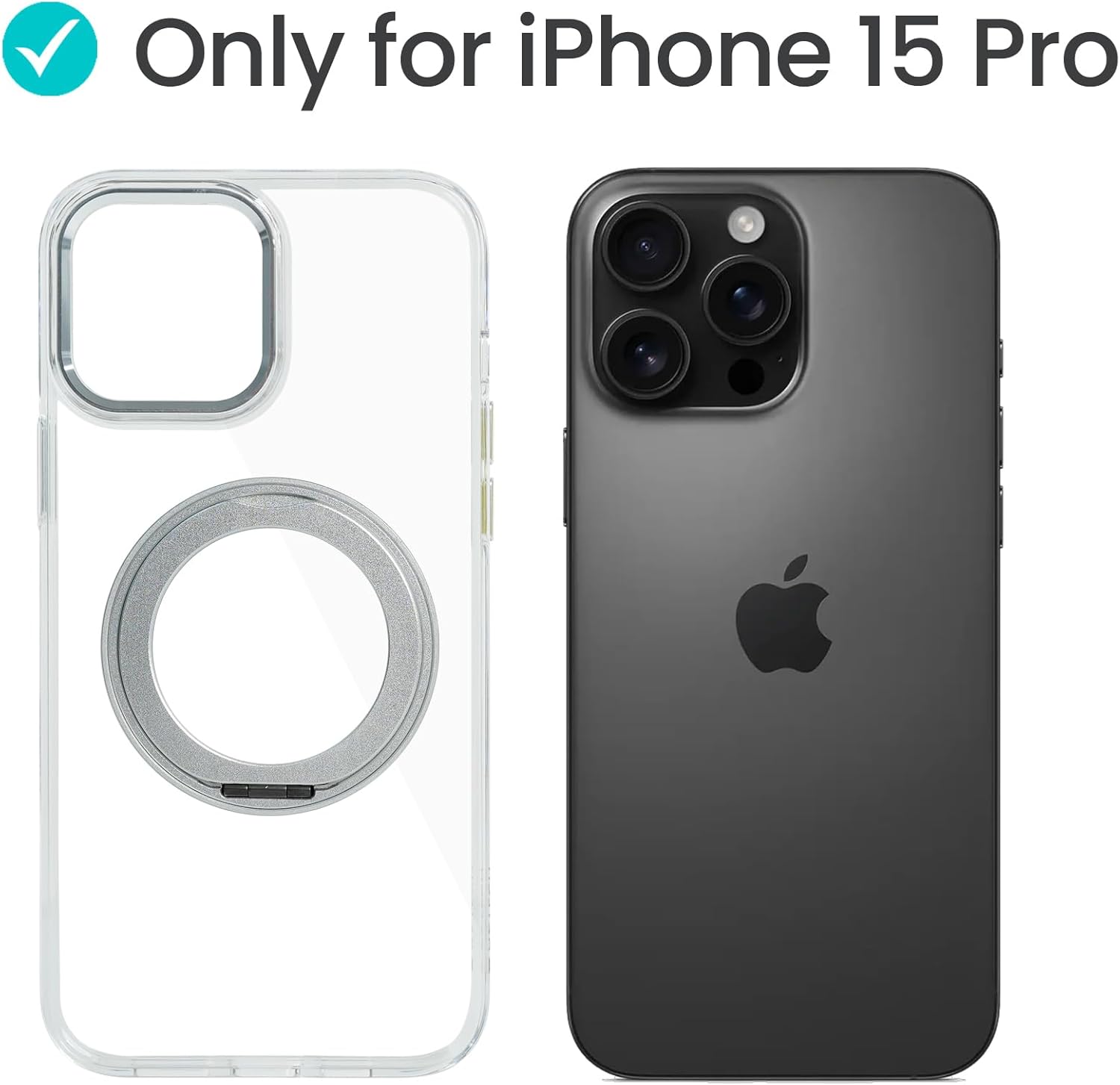 AZTECH SuperSnap 360°Rotatable Silver Ring Magnetic Ring for iPhone 15 Pro Case, Fit for MagSafe with Kick Stand & Ring Holder 16FT Military Grade Shockproof Translucent Back for iPhone 15 Pro