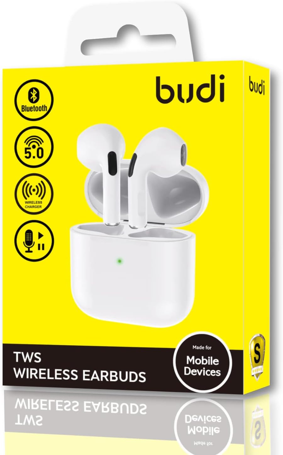 Budi Earbuds TWS/Wireless Charger BT | 15 Hours | 5.0 Bluetooth | High-Fidelity Stereo Loudspeakers | Noise Cancelling | Compatible with Galaxy S2,S21+,S21, Note 20,10, etc. - White