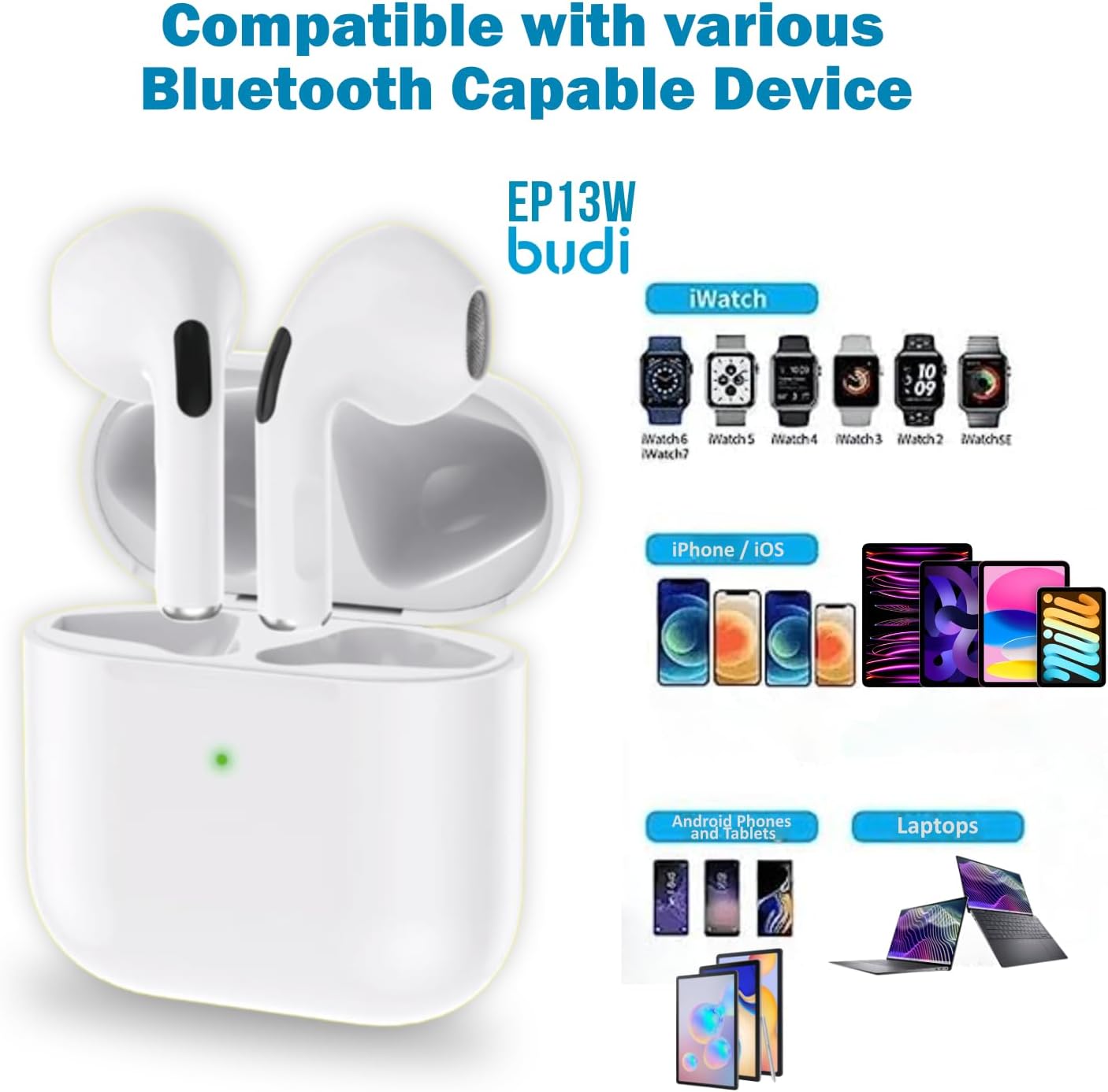 Budi Earbuds TWS/Wireless Charger BT | 15 Hours | 5.0 Bluetooth | High-Fidelity Stereo Loudspeakers | Noise Cancelling | Compatible with Galaxy S2,S21+,S21, Note 20,10, etc. - White
