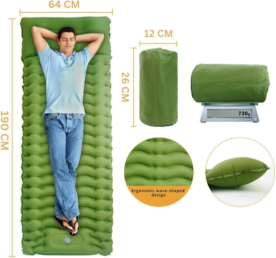 HEXAR Self Inflating Sleeping Pad with Foot Pump 190X64 Built-in Pump Foldable Sleeping Mat with Pillow for Camping Hiking Durable Inflatable Air Mattress - Carry Bag, Repair Patches (Military Green)