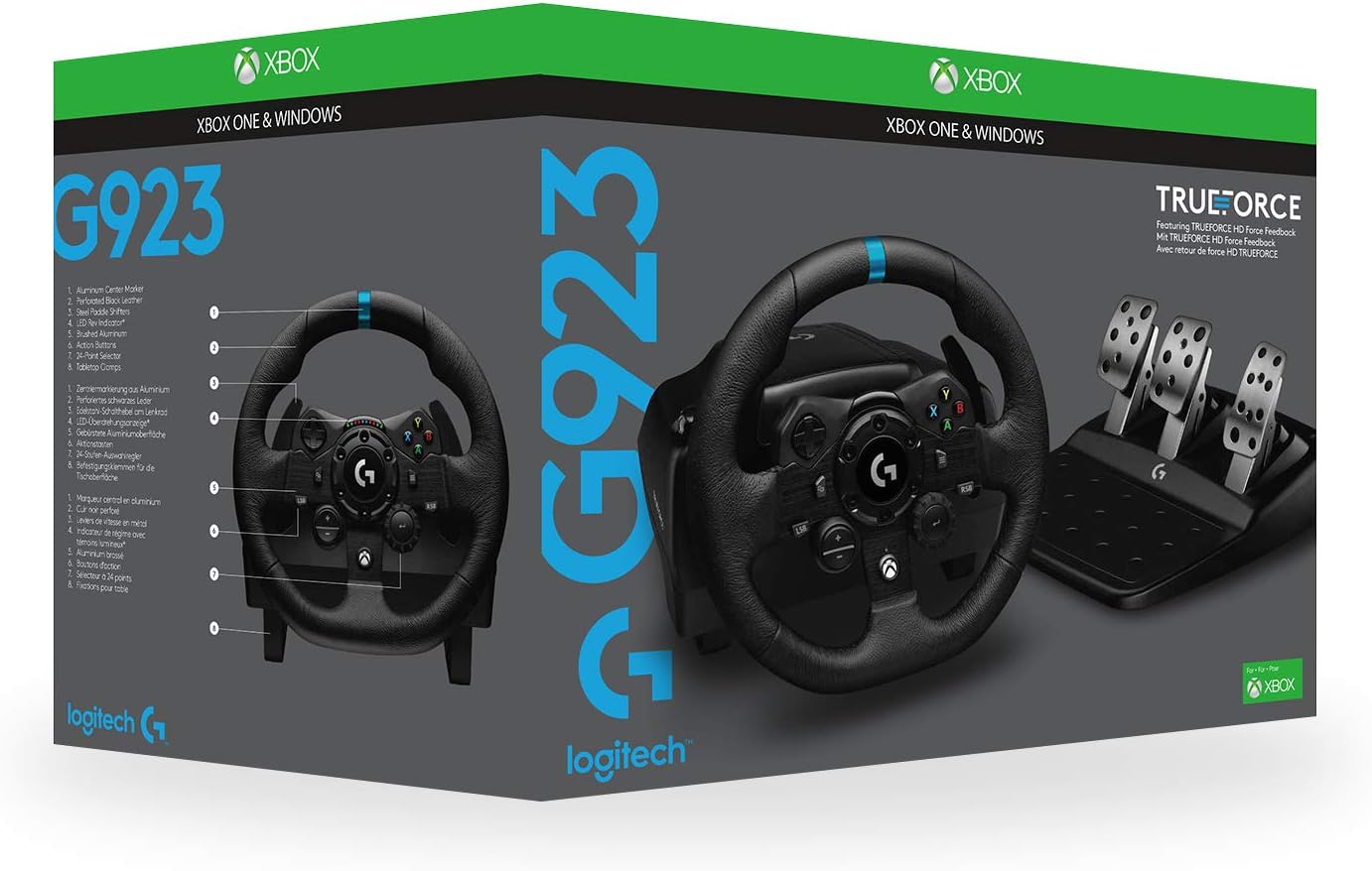 G923 Wireless Racing Wheel And Pedals For Xbox featuring Trueforce Up to 1000 Hz Force Feedback, Responsive Pedal, Dual Clutch Launch Control, And Genuine Leather Wheel Cover