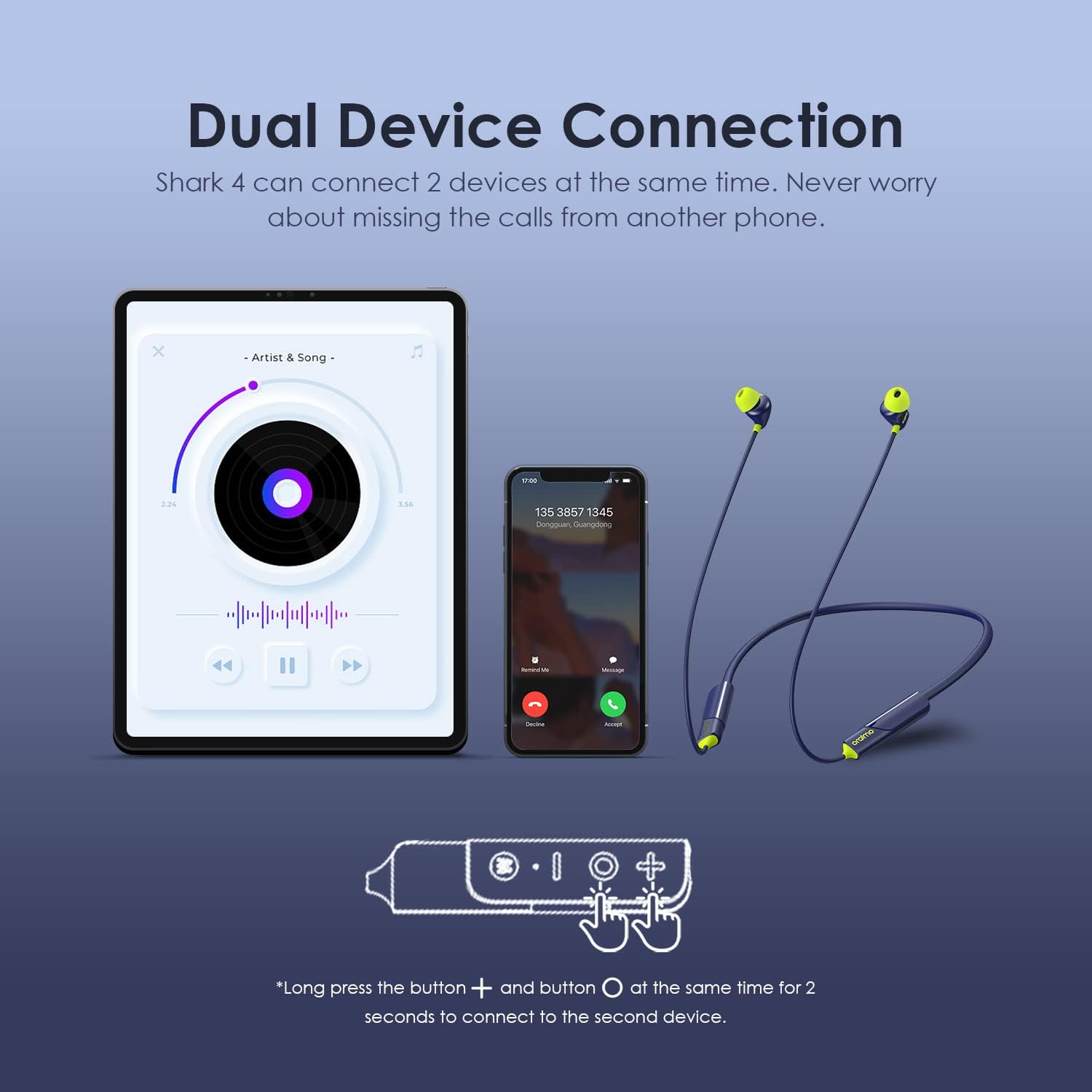 Oraimo Shark 4 OEB-E30D Neck Earphone BT V5.3 120mAh (Blue) (OEB-E03D)