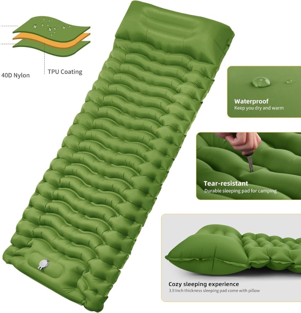 HEXAR Self Inflating Sleeping Pad with Foot Pump 190X64 Built-in Pump Foldable Sleeping Mat with Pillow for Camping Hiking Durable Inflatable Air Mattress - Carry Bag, Repair Patches (Military Green)