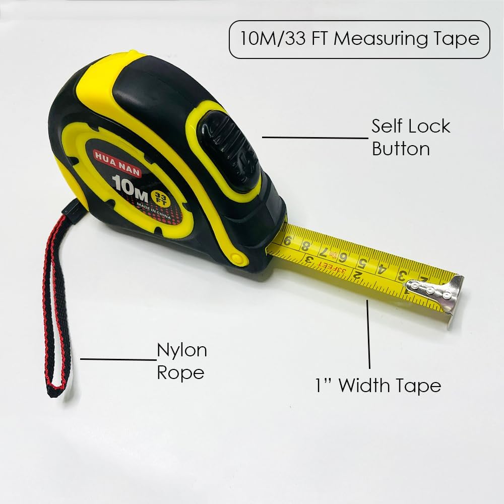HUANAN by HEXAR Measuring Tape, 33-Foot/10 Meter, Self-Locking Retractable Steel Tape, Imperial/Metric Measurements, Professional Grade Tape