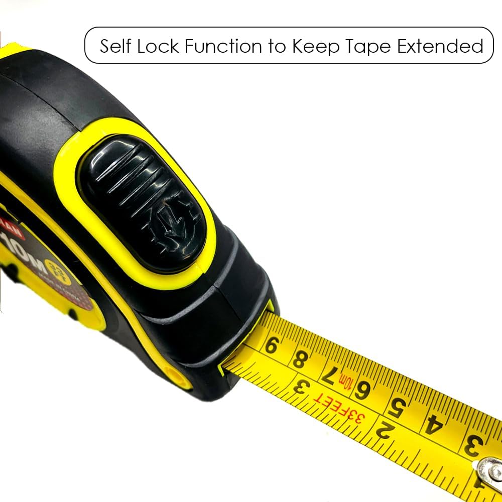 HUANAN by HEXAR Measuring Tape, 33-Foot/10 Meter, Self-Locking Retractable Steel Tape, Imperial/Metric Measurements, Professional Grade Tape