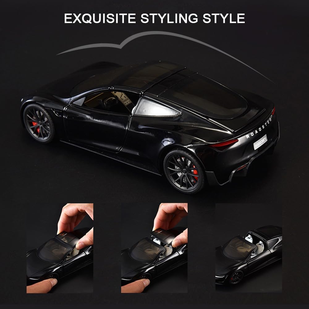 EROCK 1/24 Diecast Roadster Model Car with Pull Back Function, Sound and Light, Alloy Metal Vehicles Roadster Toy Car Ideal Collectible for Kids Adults Enthusiasts, Great Birthday Gift (Black)
