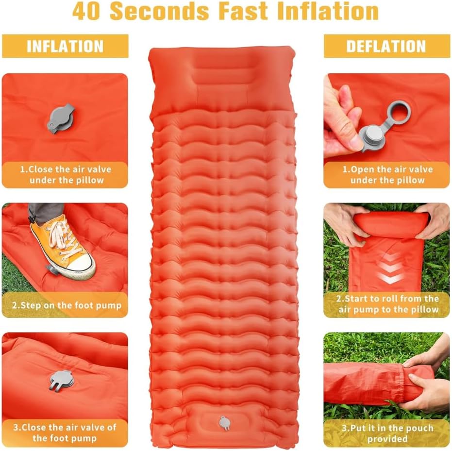 HEXAR Self Inflating Sleeping Pad with Foot Pump 190X64 Built-in Pump Foldable Sleeping Mat with Pillow for Camping Hiking Durable Inflatable Air Mattress - Carry Bag, Repair Patches (Bright Orange)
