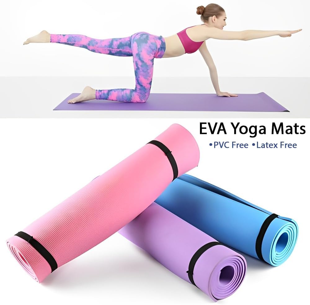 Yoga Mat with Nylon Strap 4mm Thick EVA Latex Free Mat for Men & Women 61x173cm - Non-Slip Exercise Mat for Home Yoga, Pilates, Stretching, Floor & Fitness Workouts - PURPLE