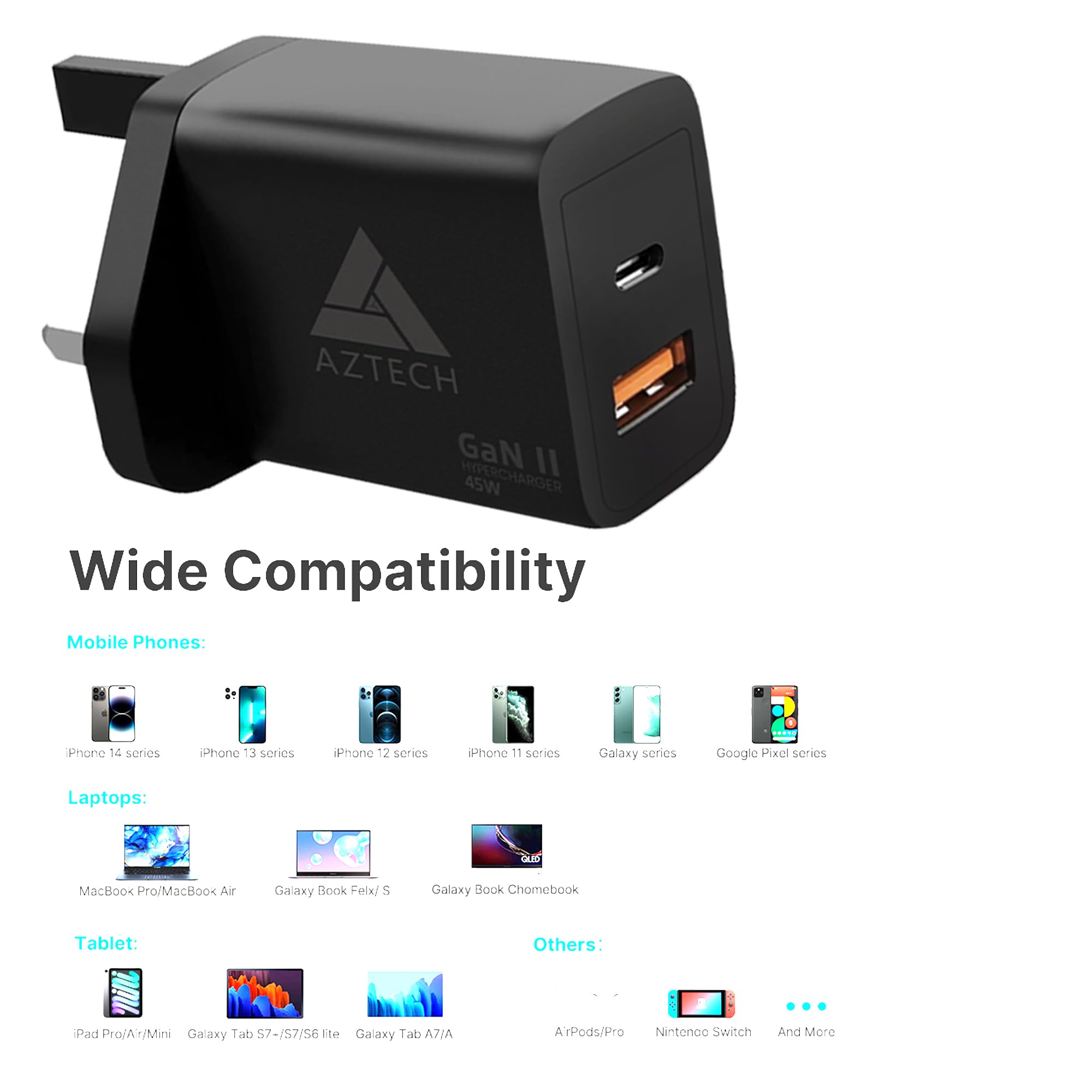 AZTECH HyperCharger 45W GaN II Dual Port Wall Charger USB-C & USB-A Fast Charging Adapter for iPhone 16 Pro Max/15/14/13, Galaxy S25 Ultra/S24/S23/S22, MacBook Air, iPad, Laptops