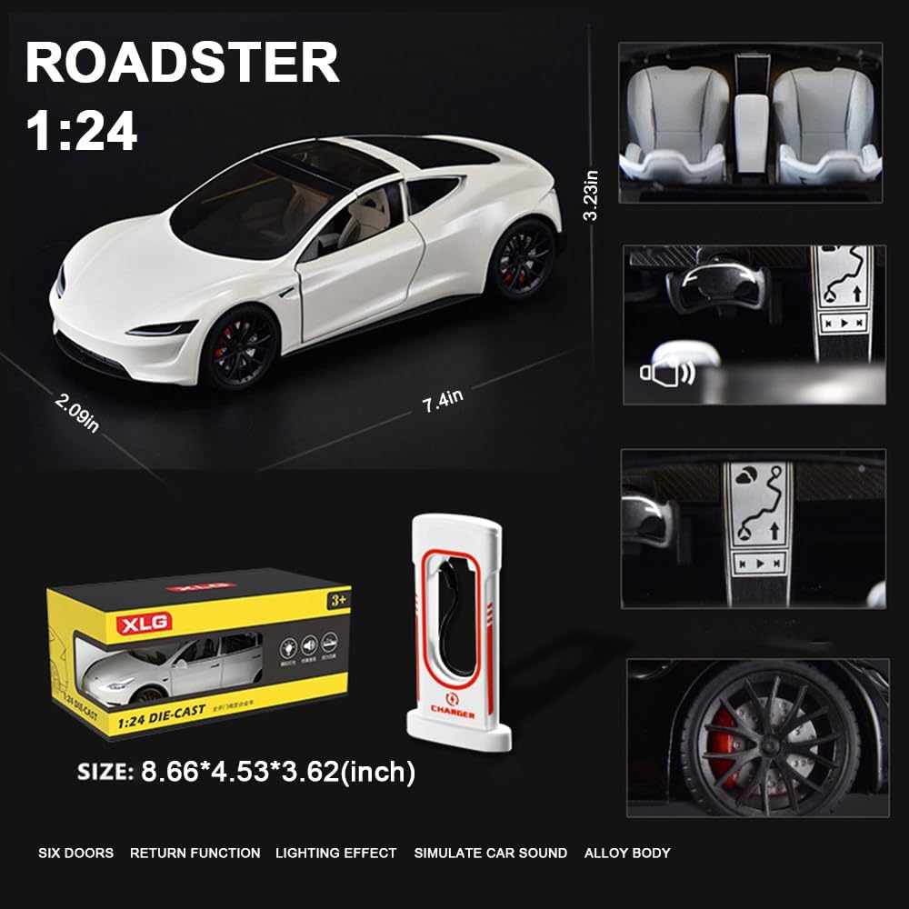 EROCK 1/24 Diecast Roadster Model Car with Pull Back Function, Sound and Light, Alloy Metal Vehicles Roadster Toy Car Ideal Collectible for Kids Adults Enthusiasts, Great Birthday Gift (White)