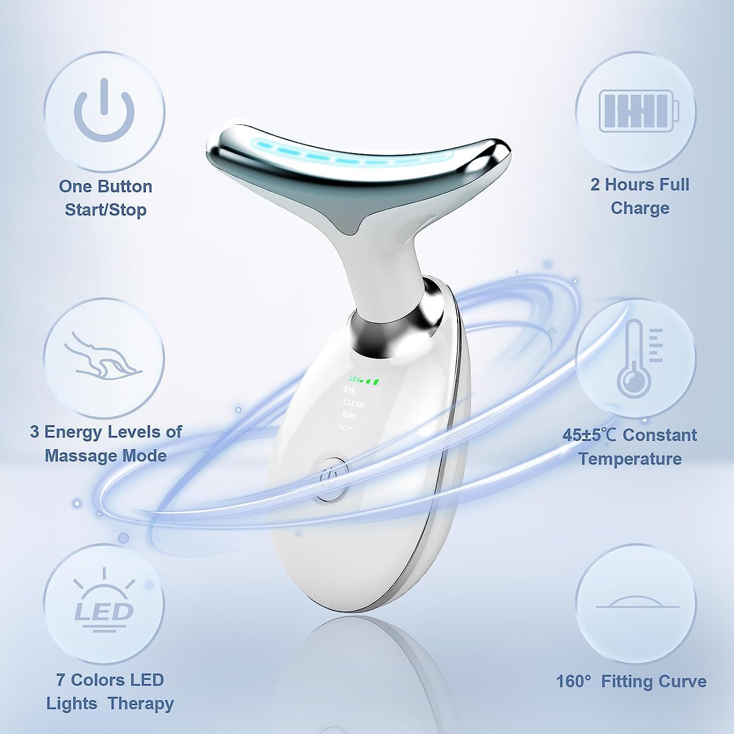 Red Light Therapy for Face, 7 Color LED Face Skin Rejuvenation for Face & Neck Beauty Device, Deplux Neck Tightening Device, Glossy White