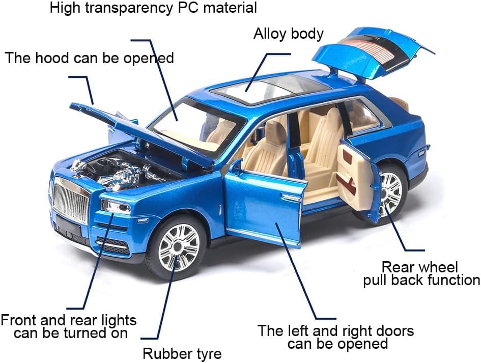 EROCK 1/24 Rolls-Royce Cullinan Model Car, Alloy Die Casting Collectible Pull Back Toy Car with Sound and Light for Kids Boy Girl Birthday Gift