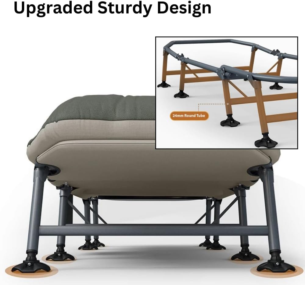 HEXAR Premium Camping Cot Comfortable Folding Bed 160 KG Capacity 8 Legs Portable Bed 6 Angle Luxury Recliner Lounge Chair Sleeping Mattress Indoor Outdoor Office Lounger Adult Beach Bed (Dark Green)