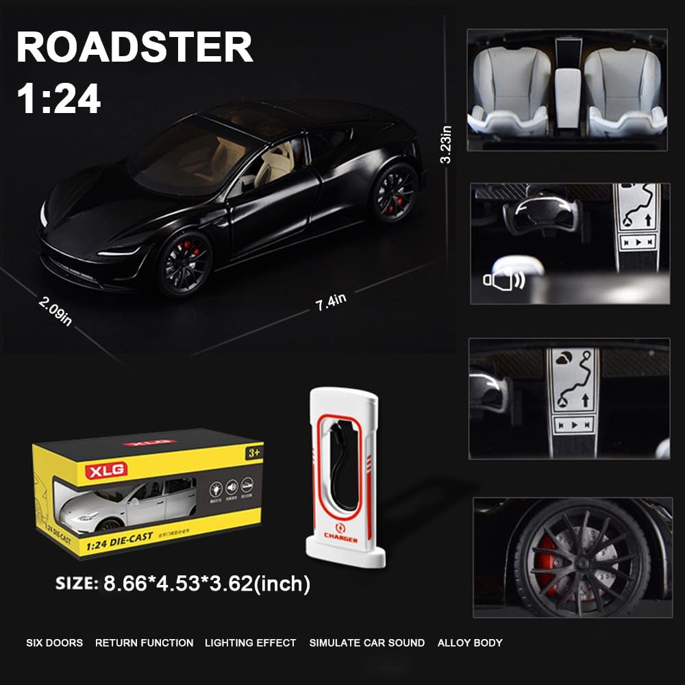 EROCK 1/24 Diecast Roadster Model Car with Pull Back Function, Sound and Light, Alloy Metal Vehicles Roadster Toy Car Ideal Collectible for Kids Adults Enthusiasts, Great Birthday Gift (Black)