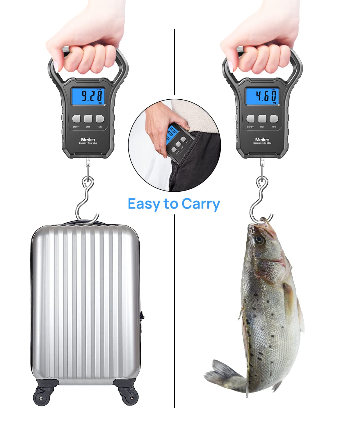 Meilen Fish Scale, 110lb/50kg Luggage Scale Hanging Scale Fishing Scale with Backlit LCD Display, Luggage Scales for Suitcase with Large Handle, Digital Postal Scale Fishing Gifts for Men, Black