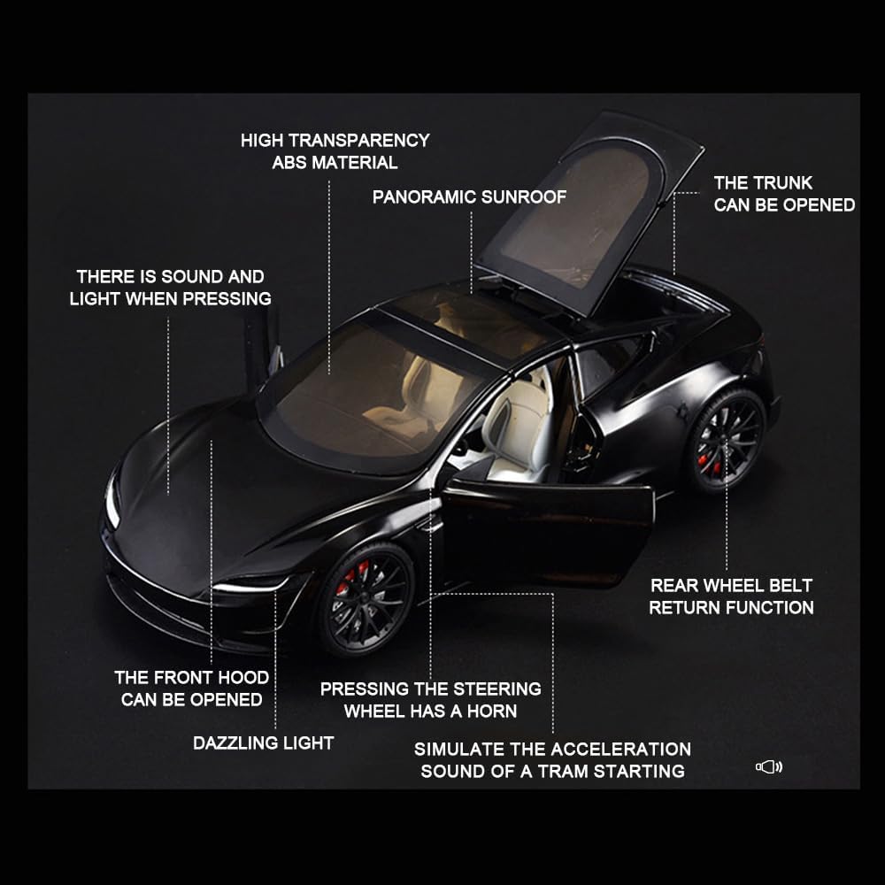 EROCK 1/24 Diecast Roadster Model Car with Pull Back Function, Sound and Light, Alloy Metal Vehicles Roadster Toy Car Ideal Collectible for Kids Adults Enthusiasts, Great Birthday Gift (Black)