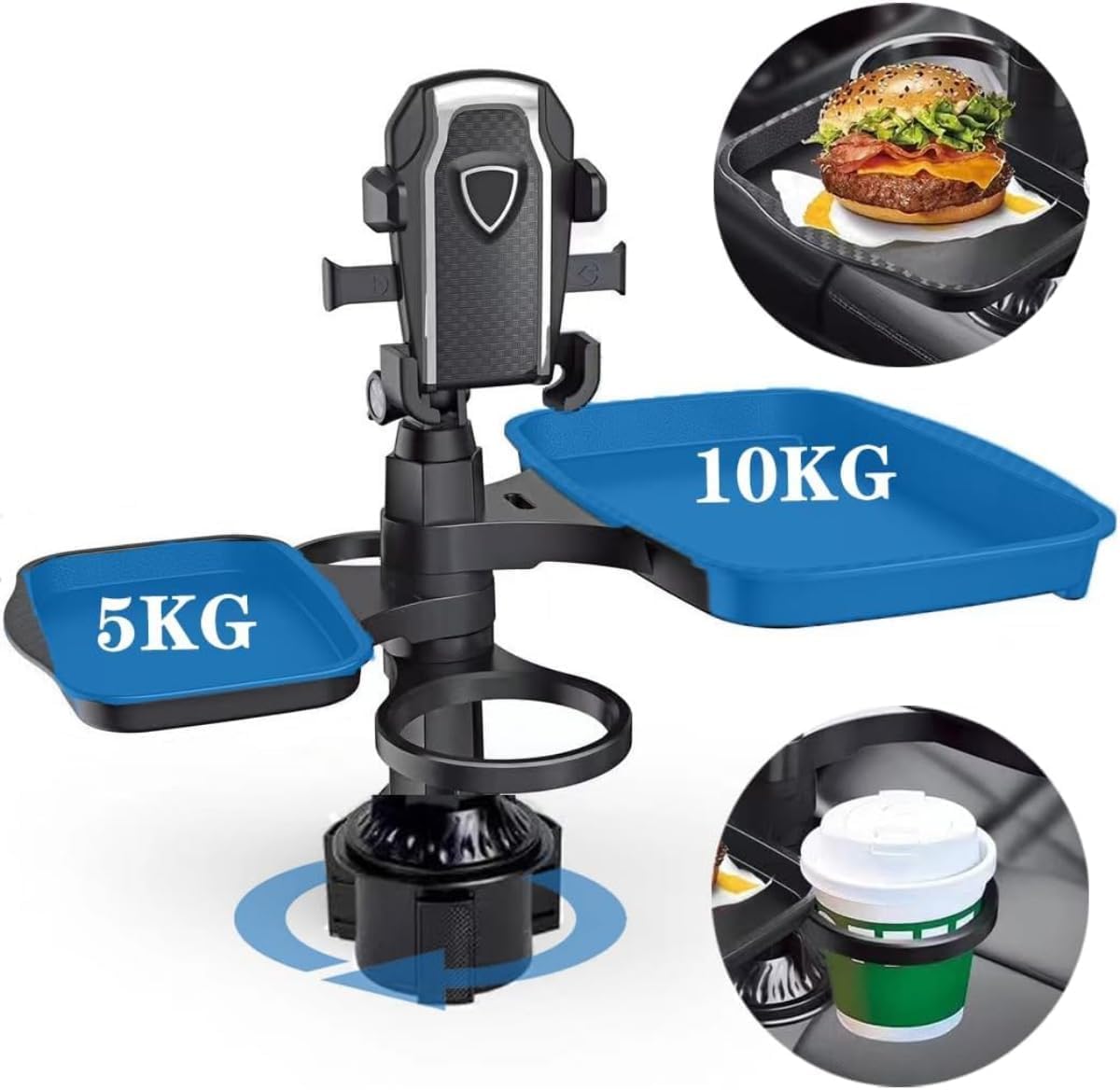 Car Cup Holder Expander with Detachable Food Tray, 360° Rotating Table, Adjustable Base & Phone Holder Slot – Travel Road Trip Essentials, Car Organizer with 3 Cup Holders for Traveling