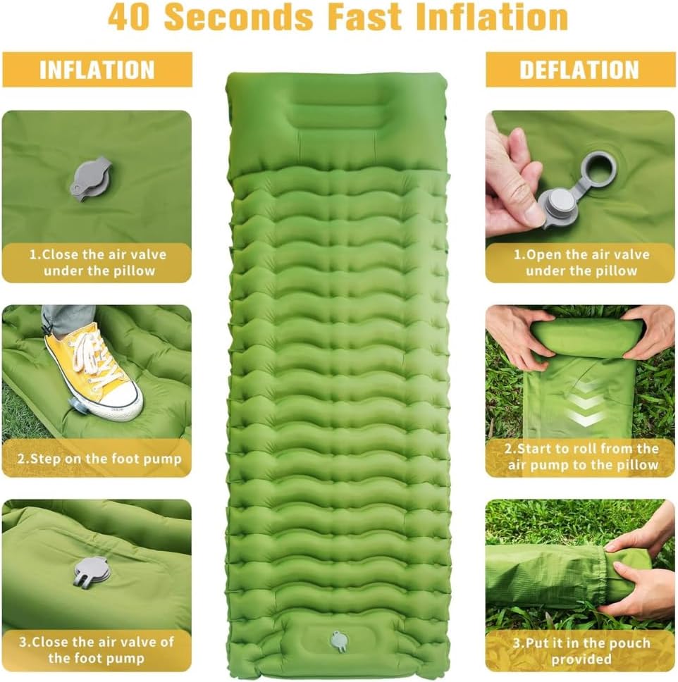 HEXAR Self Inflating Sleeping Pad with Foot Pump 190X64 Built-in Pump Foldable Sleeping Mat with Pillow for Camping Hiking Durable Inflatable Air Mattress - Carry Bag, Repair Patches (Military Green)