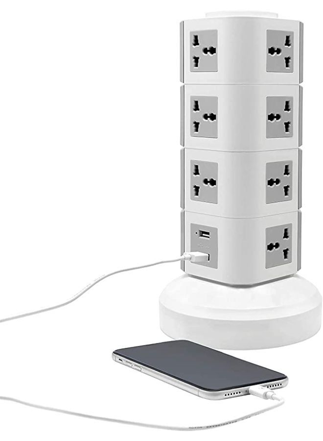 4 Layer Multi Socket 220V Tower Extension Electrical Outlet Lead with USB Ports 3M Cord and UK-Plug Power Strip Multi Charging Station