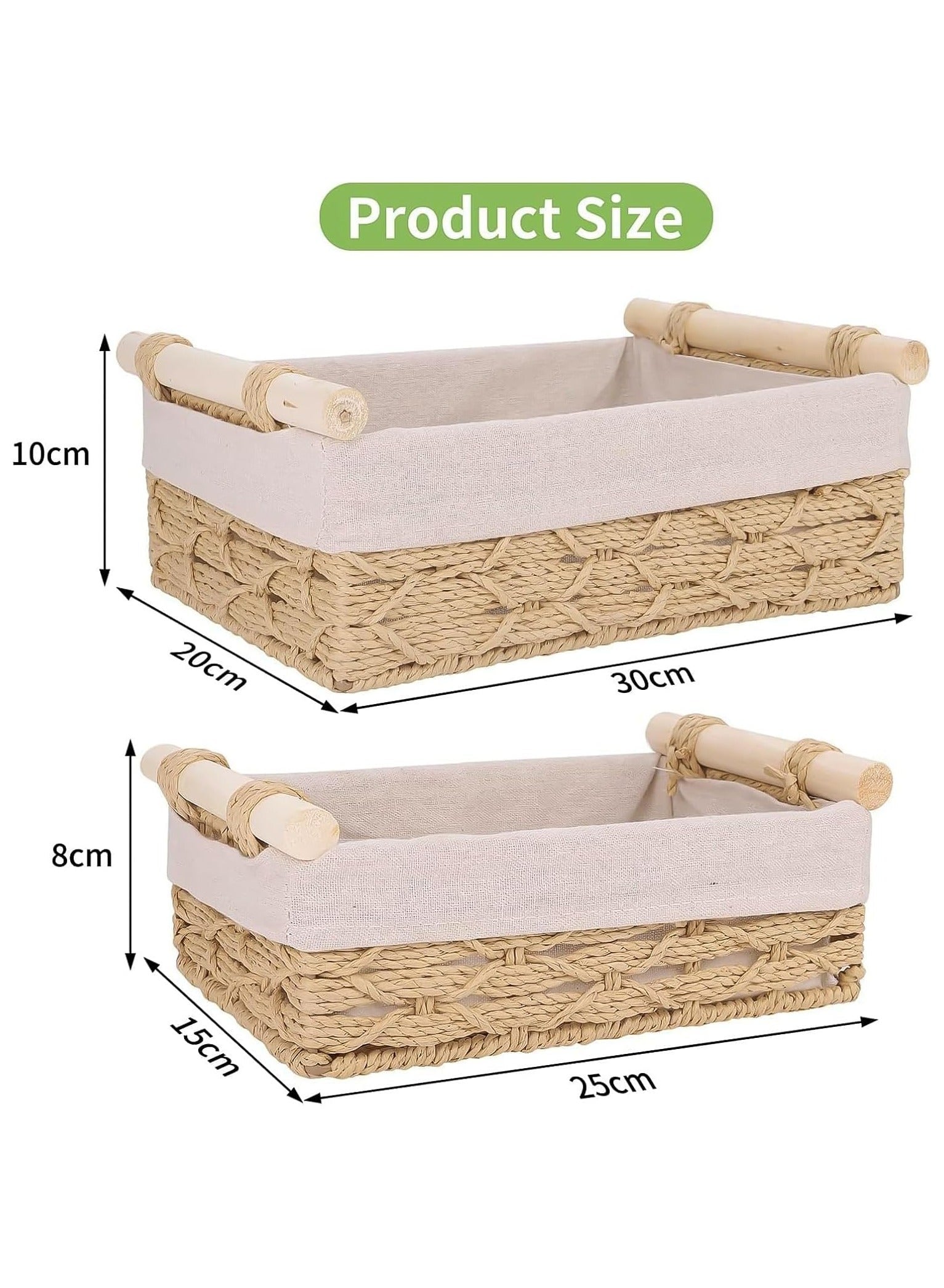 Set of 2 Rectangular Woven Storage Baskets with Washable Liners, Paper Rope Straw Rattan Baskets for Organizing with Handles, Ideal for Cosmetics, Toys, Books, and Daily Essentials