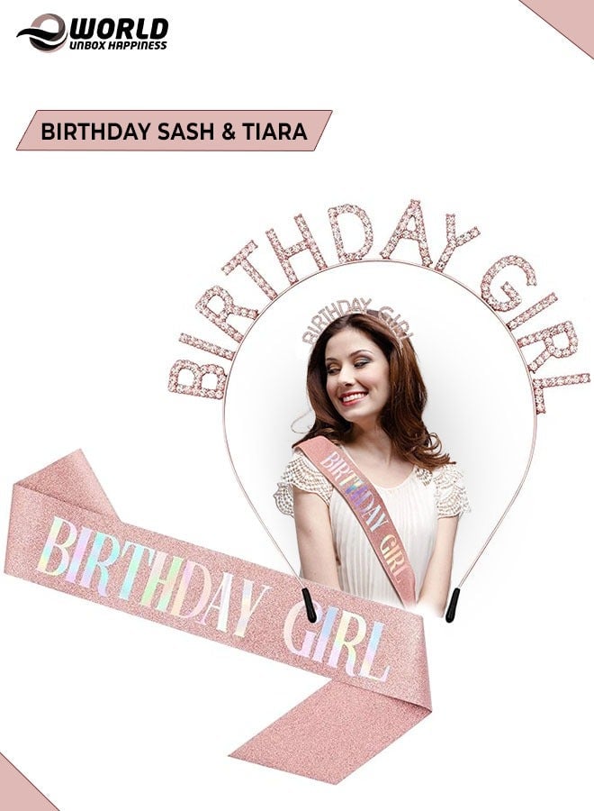 Eworld Rose Gold Birthday Crown and Sash Set for Girls, Princess Rhinestone Tiara and Glitter Birthday Girl Headband, Perfect Birthday Gifts and Accessories for Women