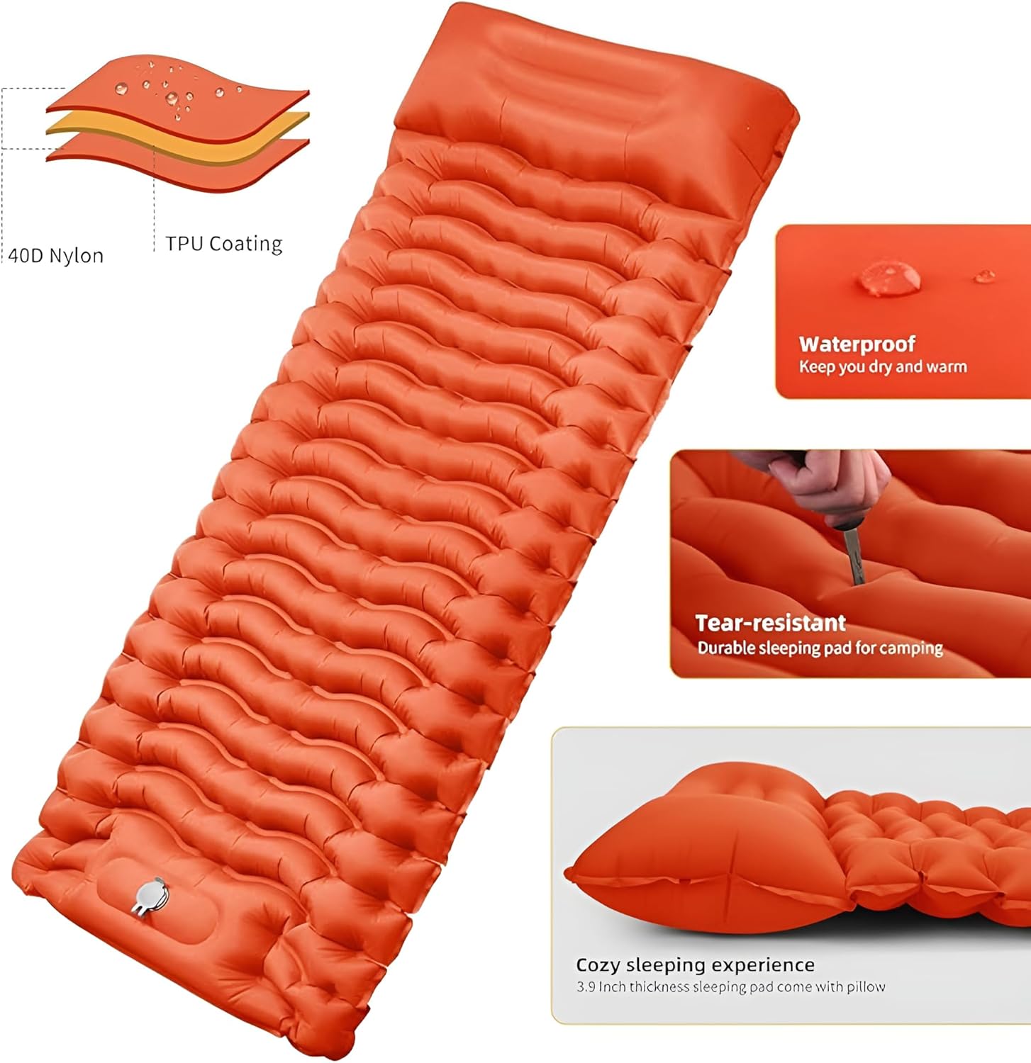 HEXAR Self Inflating Sleeping Pad with Foot Pump 190X64 Built-in Pump Foldable Sleeping Mat with Pillow for Camping Hiking Durable Inflatable Air Mattress - Carry Bag, Repair Patches (Bright Orange)