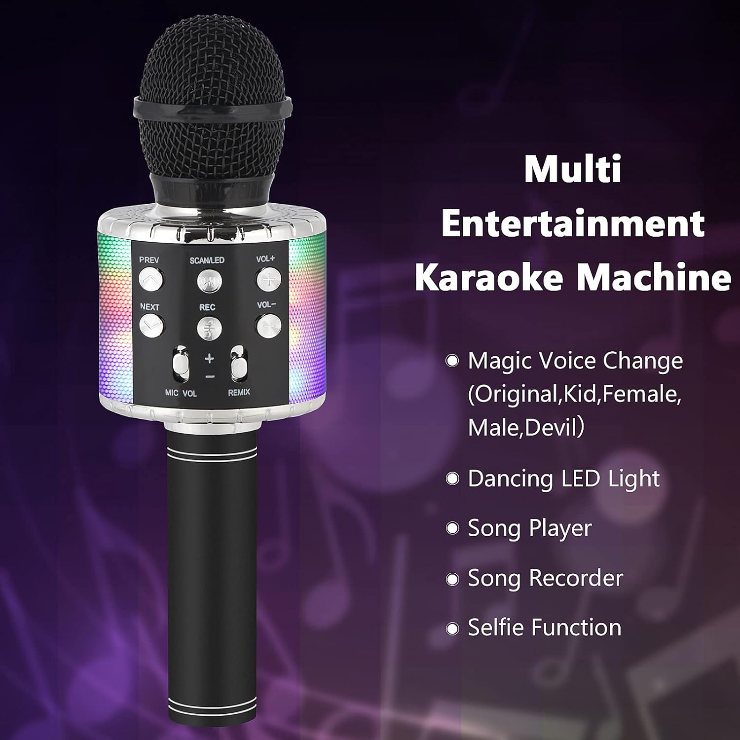 Milerong Microphone for Kids Karaoke Singing, 5 in 1 Wireless Bluetooth Karaoke Machine with LED Lights, Portable Mic Speaker Player Recorder for Home Party, Black