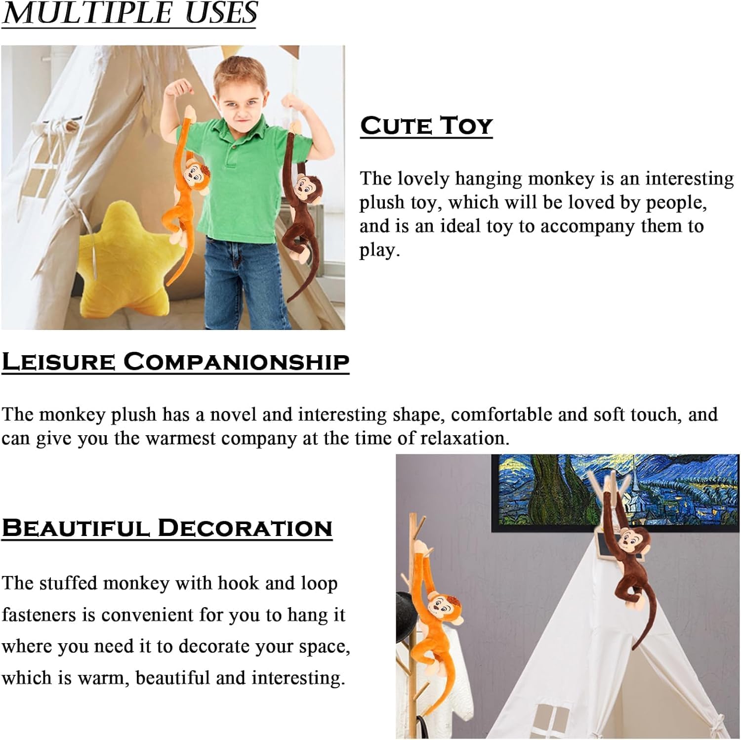 Colourful Plush Monkey Toys, Hanging Soft Stuffed Animals,with eye light and sound Set of 6 - Assorted