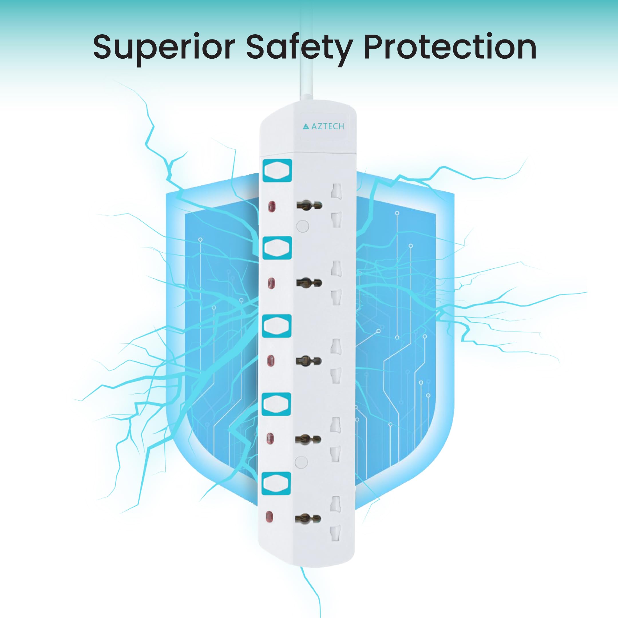 AZTECH 5-Way 3M 3250W Power Extension Cord 5 Universal Outlets Electrical Strip Cable UK Plug Individual Switches & LED Indicators ECAS Certified Power Strip Surge Protector Electronics Power Strips