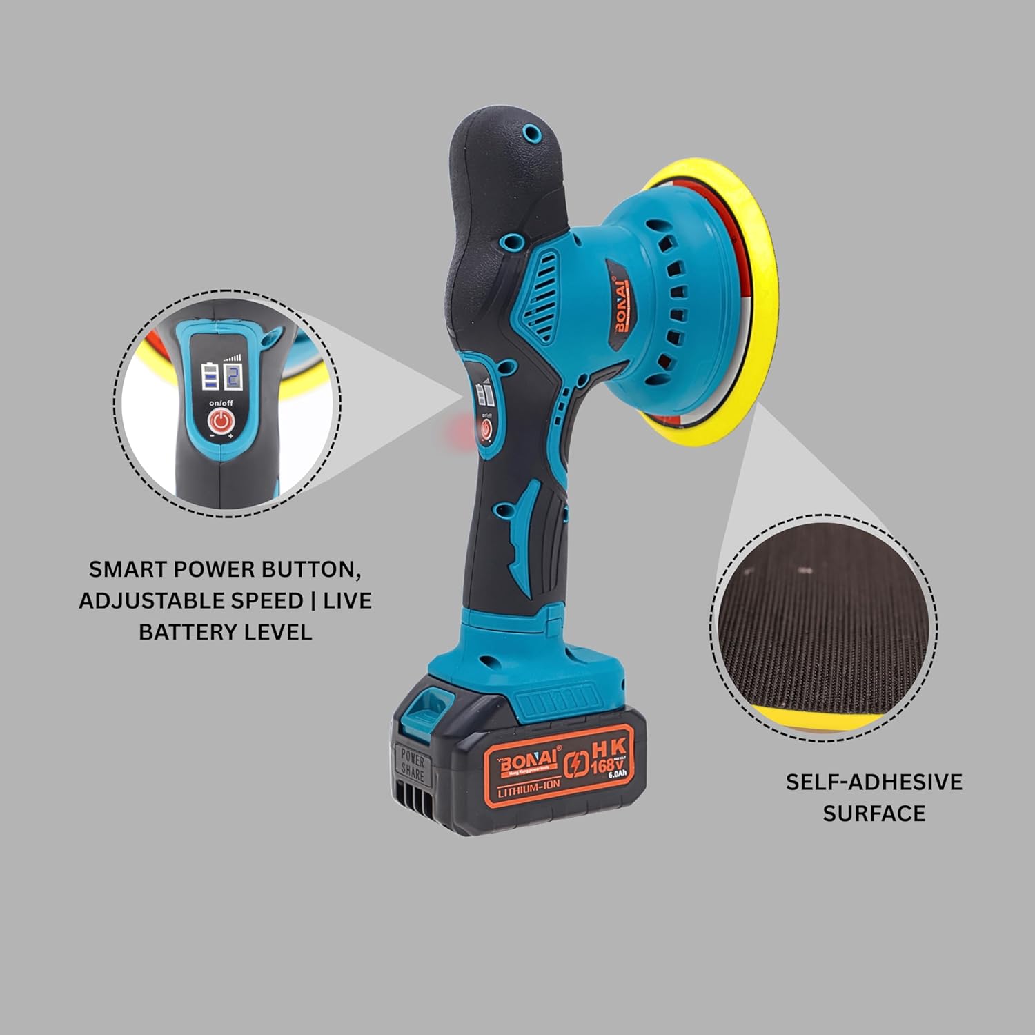 Bonai BN-HK71 Cordless Car Polisher 21V, 380W Dual Action Waxing Machine with 150mm Pad, 2800-5500RPM Variable Speed Orbital Buffer for Car Detailing, Furniture & Metal Polishing