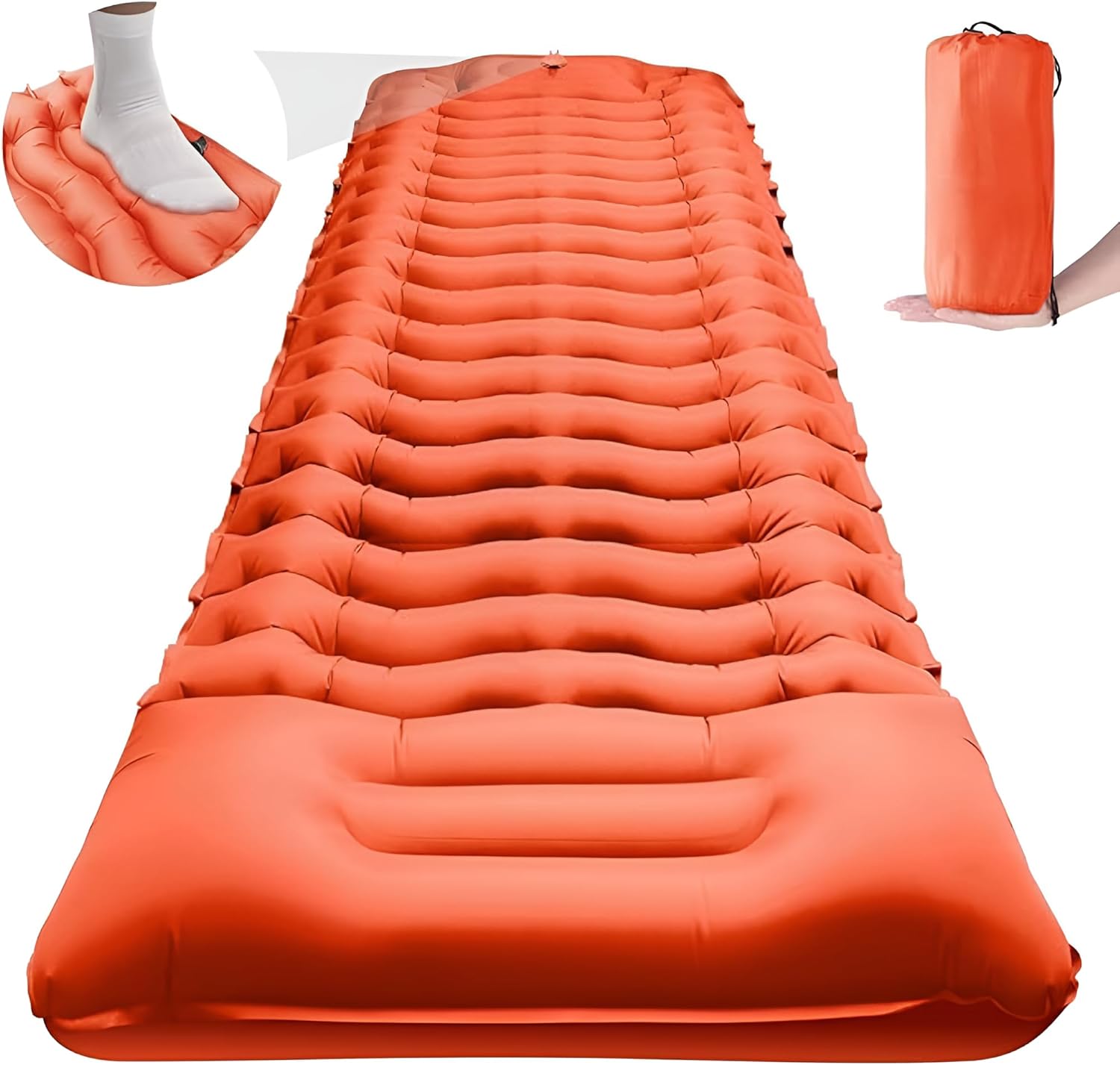 HEXAR Self Inflating Sleeping Pad with Foot Pump 190X64 Built-in Pump Foldable Sleeping Mat with Pillow for Camping Hiking Durable Inflatable Air Mattress - Carry Bag, Repair Patches (Bright Orange)