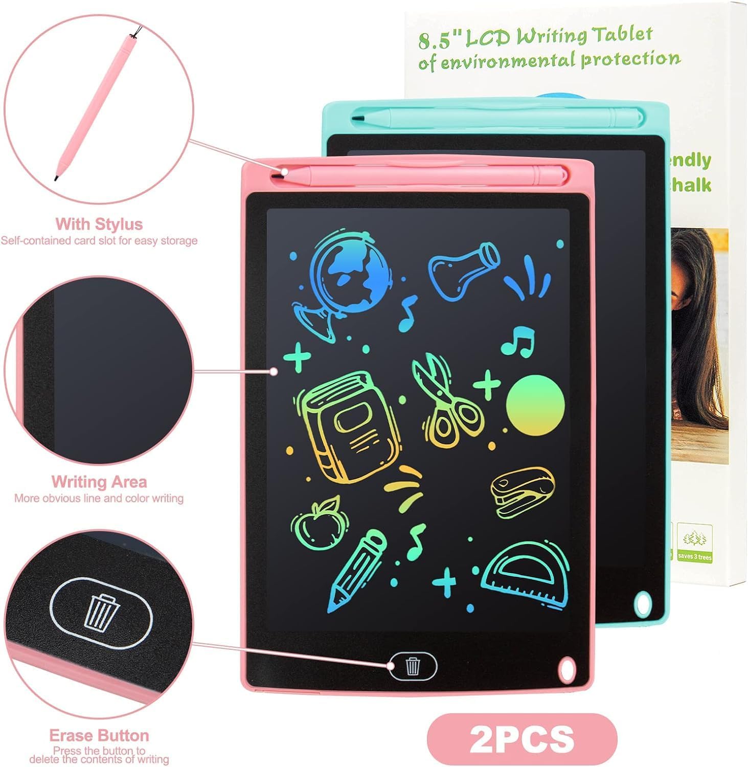 kogabanny LCD Writing Tablet, 2 Packs Drawing Pads for Kids 3 4 5 6 Years Old 8.5 Inch Colorful Lines Doodle Scribble Boards Educational Toys for Boys Girls